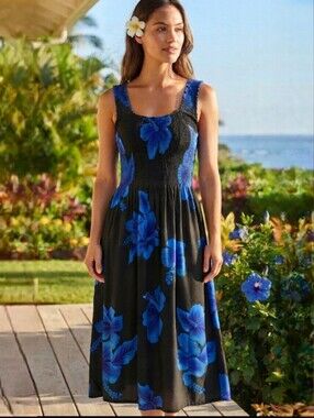 Aloha Hut Hawaii Blue Hibiscus Smocked Sundress Tropical Luau One Size